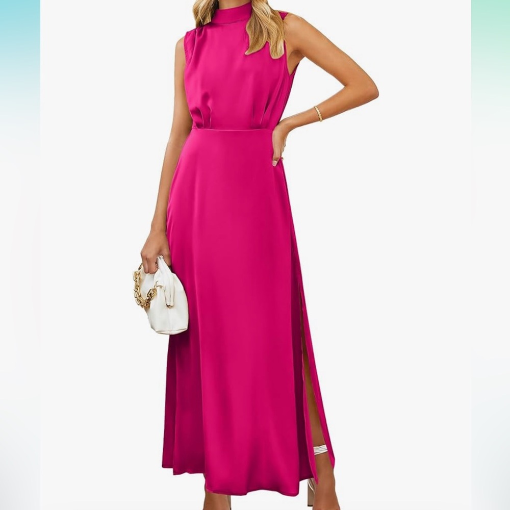 High neck, pink Amazon dress. Great for wedding season!!
